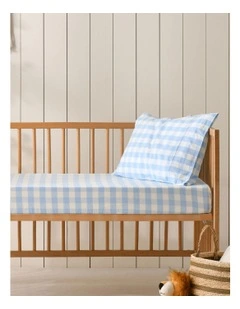 Washed Cotton Yarn Dyed Gingham Large Cot Fitted Sheet Set in Sky