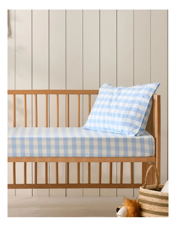 Washed Cotton Yarn Dyed Gingham Large Cot Fitted Sheet Set in Sky image 1
