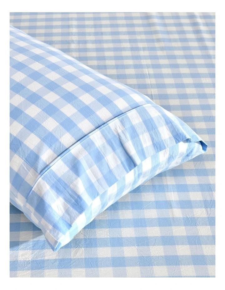 Washed Cotton Yarn Dyed Gingham Large Cot Fitted Sheet Set in Sky image 2