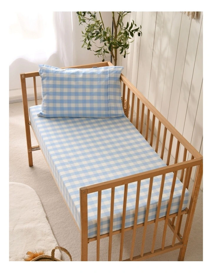 Washed Cotton Yarn Dyed Gingham Large Cot Fitted Sheet Set in Sky image 5