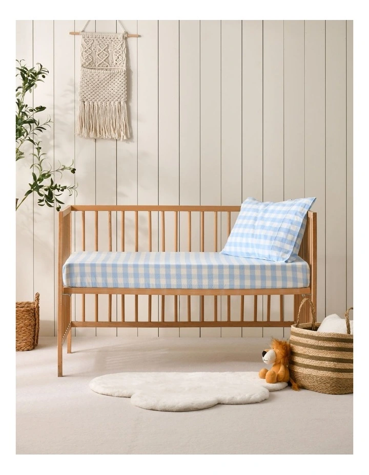 Washed Cotton Yarn Dyed Gingham Large Cot Fitted Sheet Set in Sky image 6