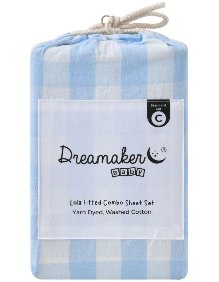 Washed Cotton Yarn Dyed Gingham Large Cot Fitted Sheet Set in Sky image 7