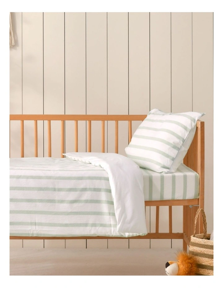 Washed Cotton Yarn Dyed Stripe Cot Quilt Cover Set in Sage image 1