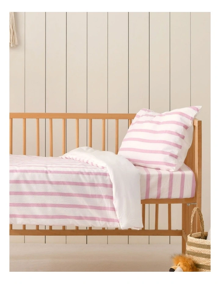 Washed Cotton Yarn Dyed Stripe Cot Quilt Cover Set in Pink Pearl image 1