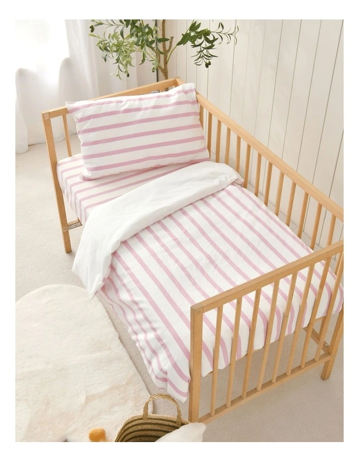 Washed Cotton Yarn Dyed Stripe Cot Quilt Cover Set in Pink Pearl image 3