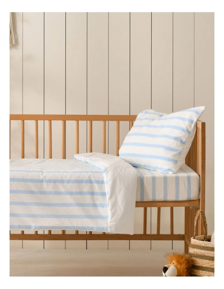 Washed Cotton Yarn Dyed Stripe Cot Quilt Cover Set in Sky image 1