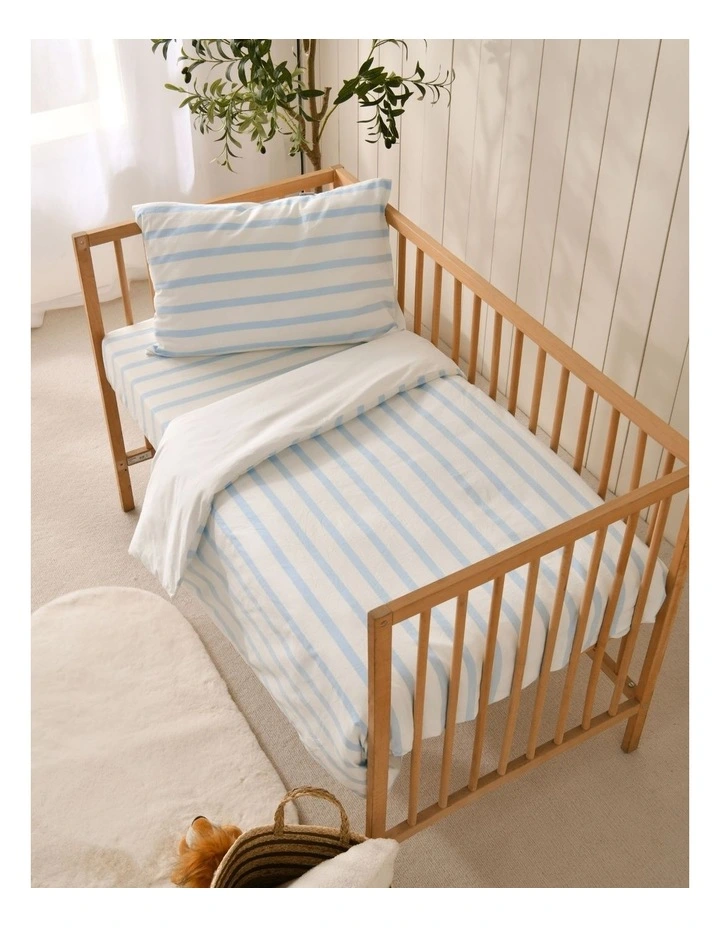 Washed Cotton Yarn Dyed Stripe Cot Quilt Cover Set in Sky image 3