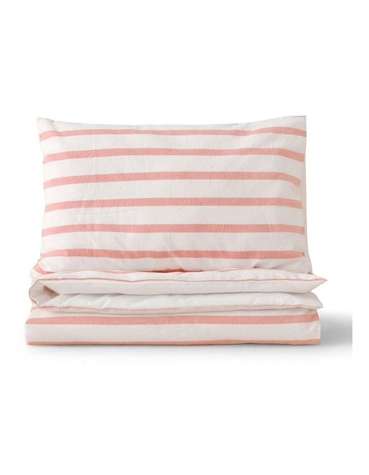 Washed Cotton Yarn Dyed Stripe Cot Quilt Cover Set in Coral image 2