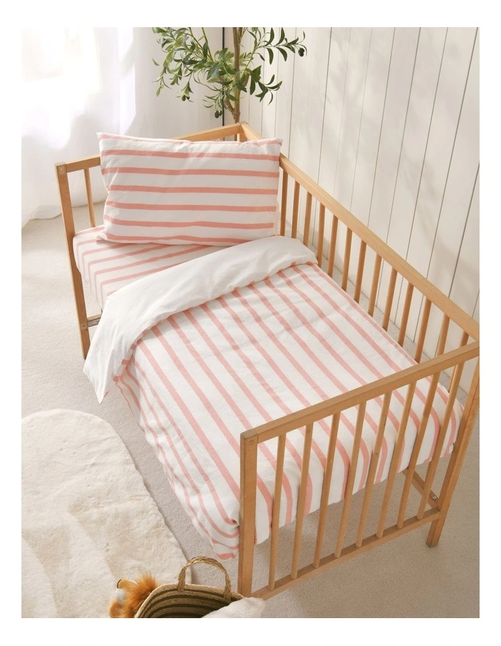Washed Cotton Yarn Dyed Stripe Cot Quilt Cover Set in Coral image 3