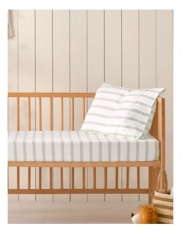 Washed Cotton Yarn Dyed Large Cot Stripe Fitted Sheet Set in Sage