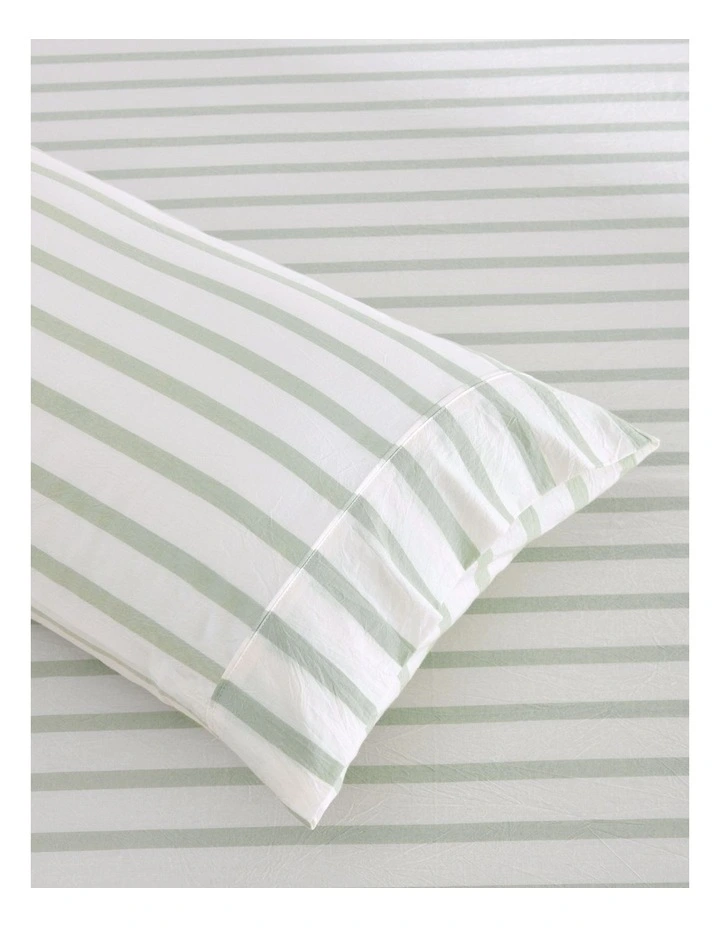 Washed Cotton Yarn Dyed Large Cot Stripe Fitted Sheet Set in Sage image 2