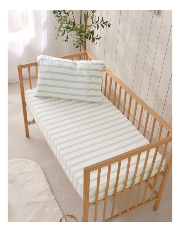 Washed Cotton Yarn Dyed Large Cot Stripe Fitted Sheet Set in Sage image 5