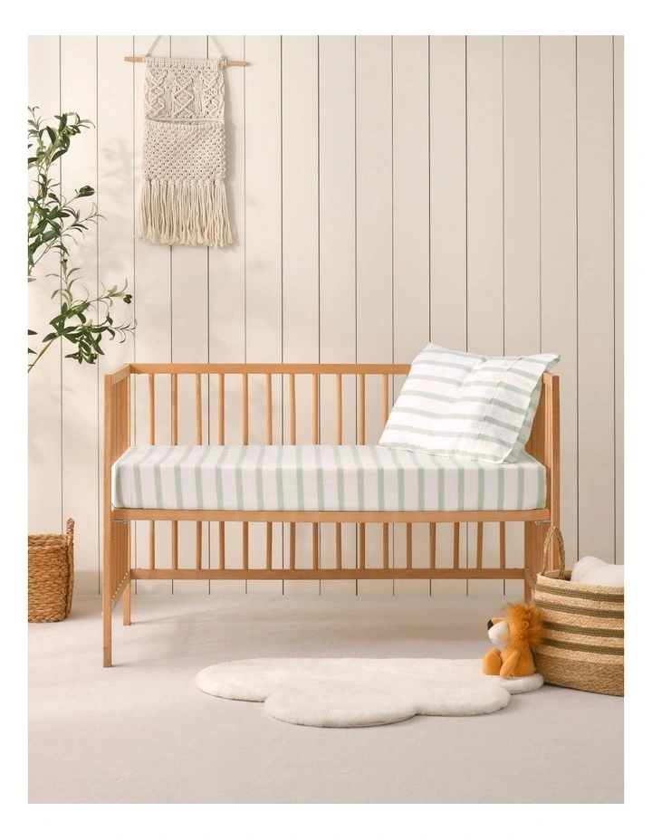 Washed Cotton Yarn Dyed Large Cot Stripe Fitted Sheet Set in Sage image 6