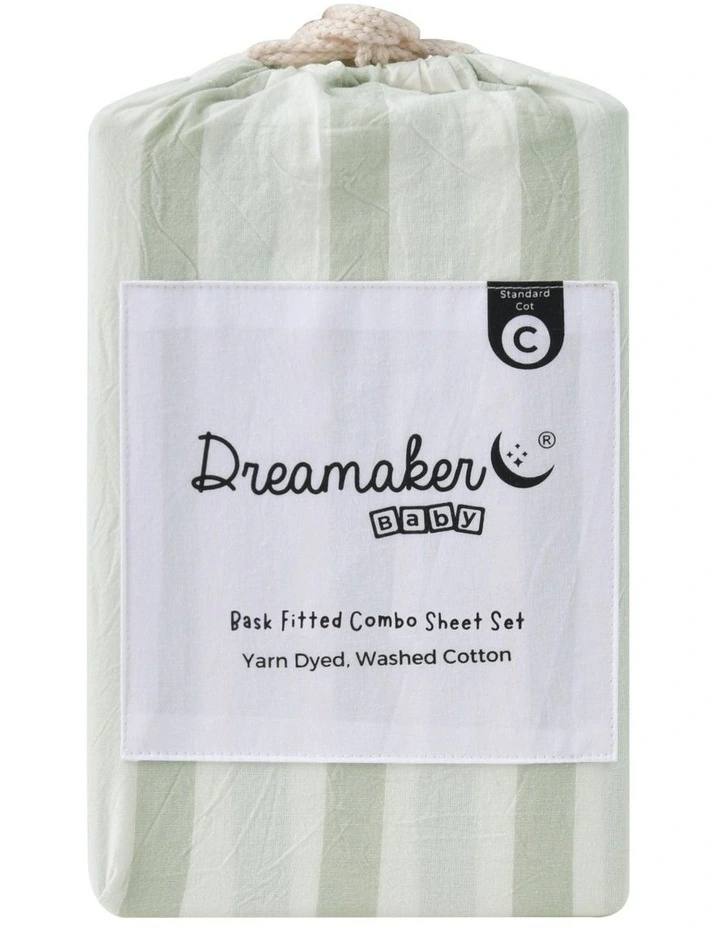 Washed Cotton Yarn Dyed Large Cot Stripe Fitted Sheet Set in Sage image 7