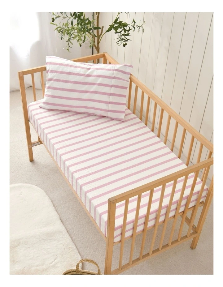Washed Cotton Yarn Dyed Large Cot Stripe Fitted Sheet Set in Pink Pearl image 5