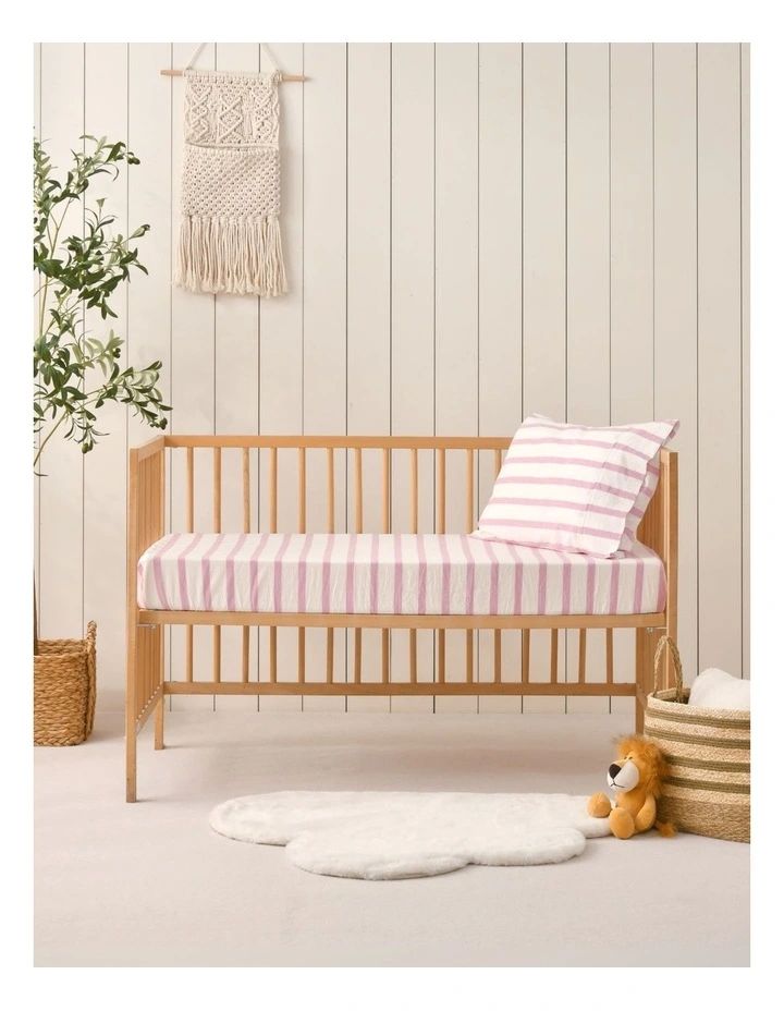 Washed Cotton Yarn Dyed Large Cot Stripe Fitted Sheet Set in Pink Pearl image 6