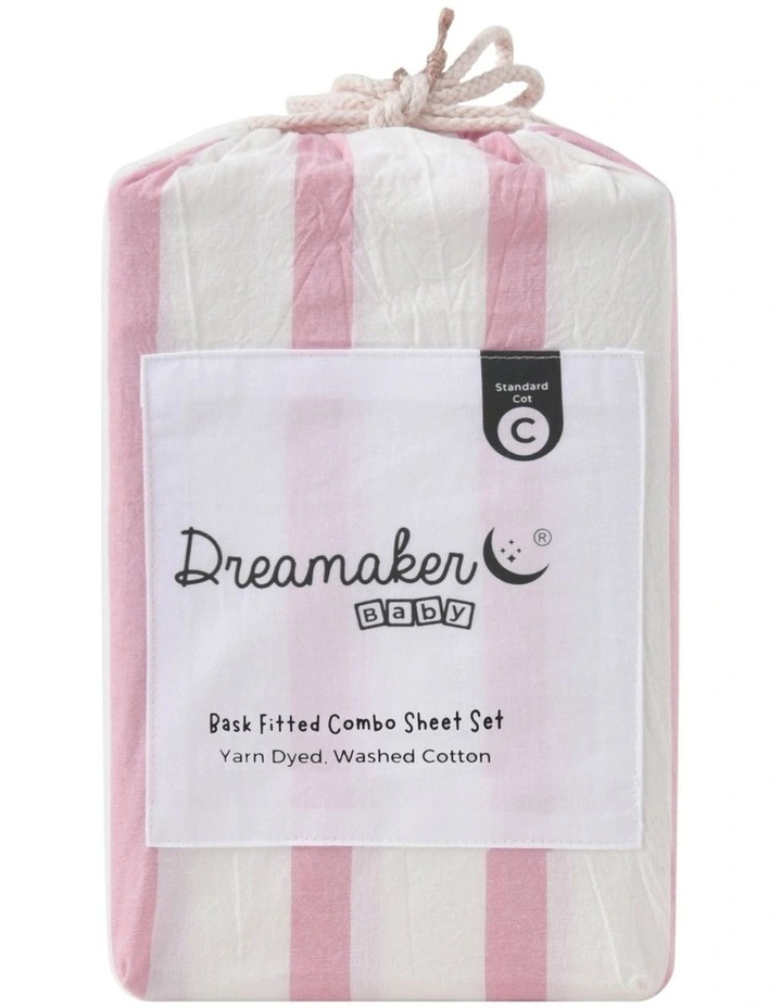 Washed Cotton Yarn Dyed Large Cot Stripe Fitted Sheet Set in Pink Pearl image 7