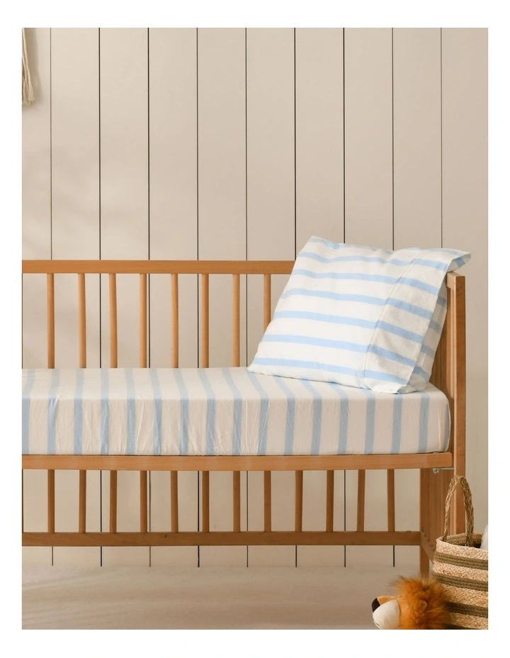 Washed Cotton Yarn Dyed Large Cot Stripe Fitted Sheet Set in Sky image 1