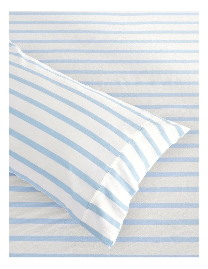 Washed Cotton Yarn Dyed Large Cot Stripe Fitted Sheet Set in Sky image 2
