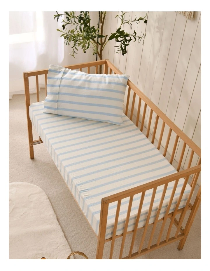 Washed Cotton Yarn Dyed Large Cot Stripe Fitted Sheet Set in Sky image 5