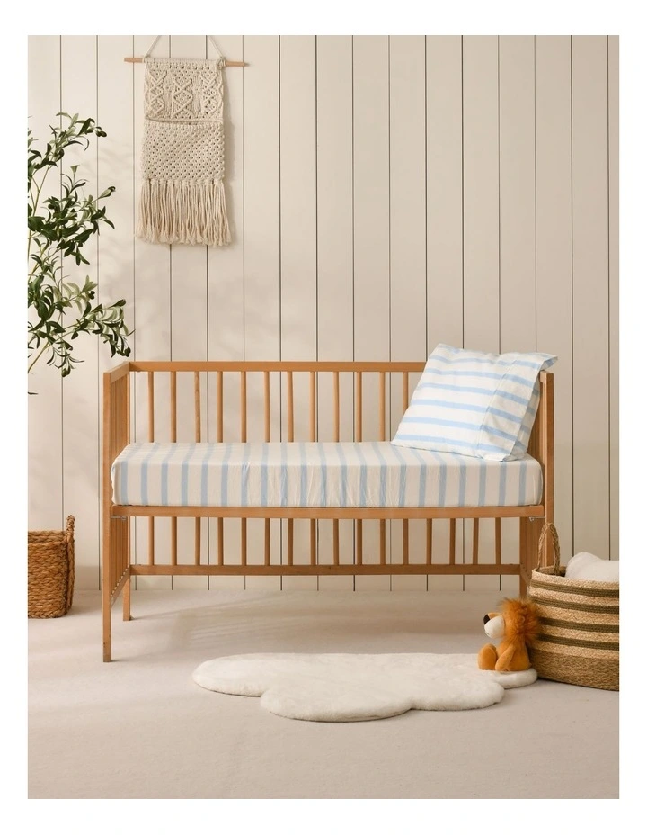 Washed Cotton Yarn Dyed Large Cot Stripe Fitted Sheet Set in Sky image 6