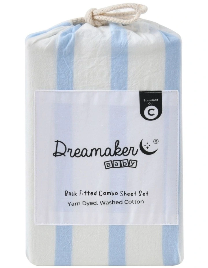 Washed Cotton Yarn Dyed Large Cot Stripe Fitted Sheet Set in Sky image 7