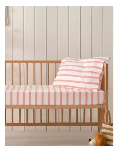 Washed Cotton Yarn Large Cot Dyed Stripe Fitted Sheet Set in Coral