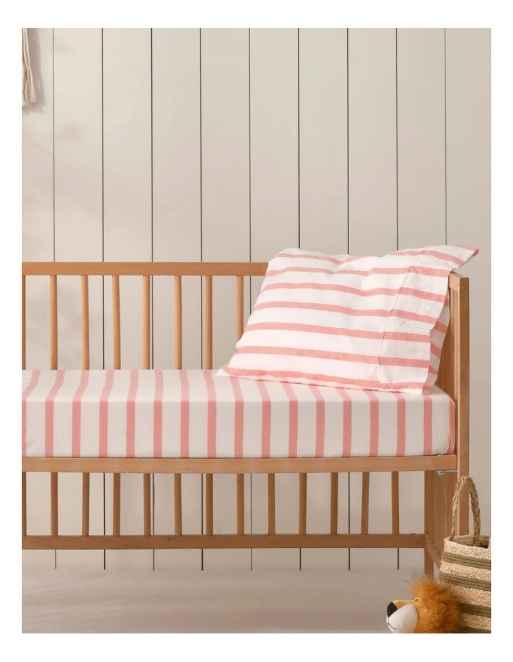 Washed Cotton Yarn Large Cot Dyed Stripe Fitted Sheet Set in Coral image 1