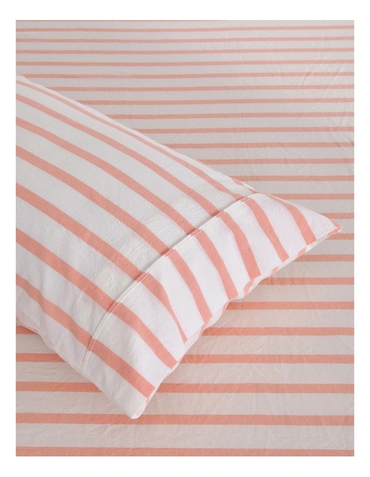 Washed Cotton Yarn Large Cot Dyed Stripe Fitted Sheet Set in Coral image 2
