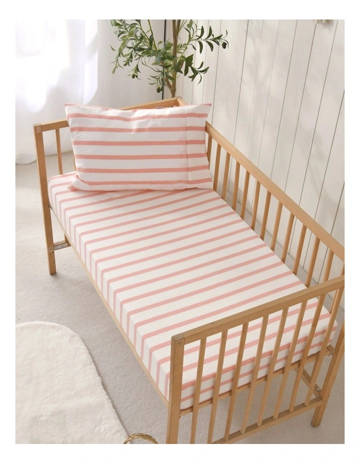 Washed Cotton Yarn Large Cot Dyed Stripe Fitted Sheet Set in Coral image 5