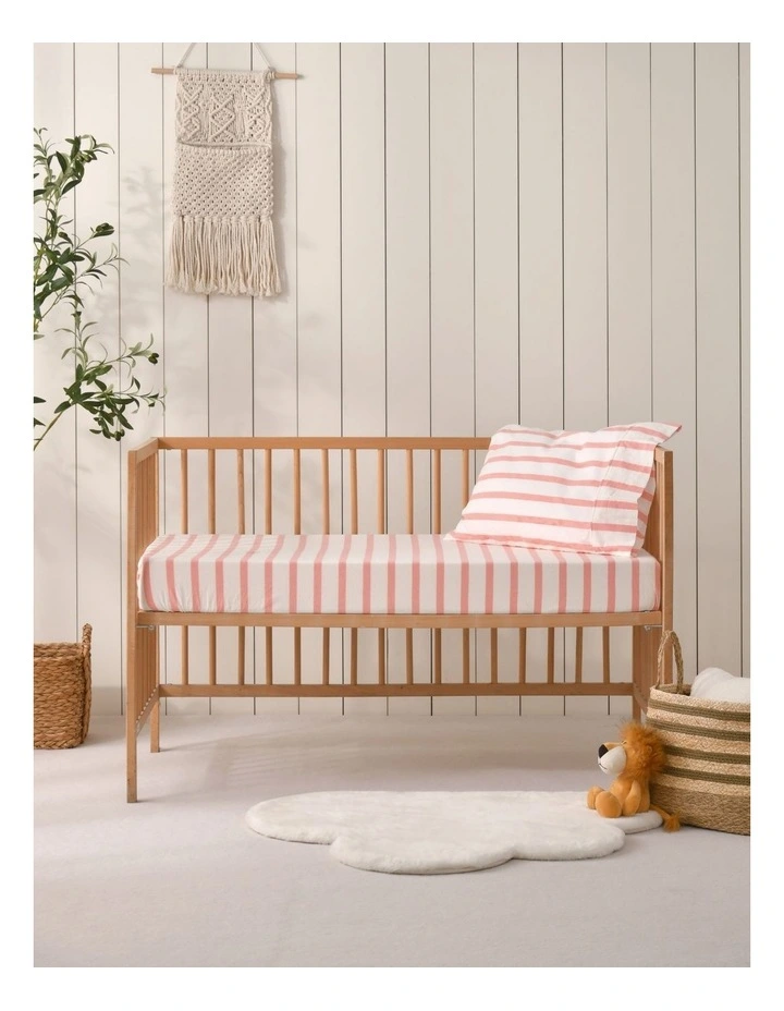 Washed Cotton Yarn Large Cot Dyed Stripe Fitted Sheet Set in Coral image 6