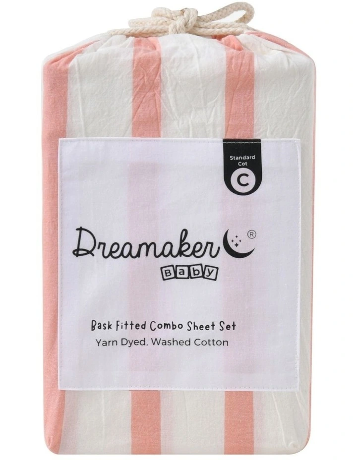 Washed Cotton Yarn Large Cot Dyed Stripe Fitted Sheet Set in Coral image 7