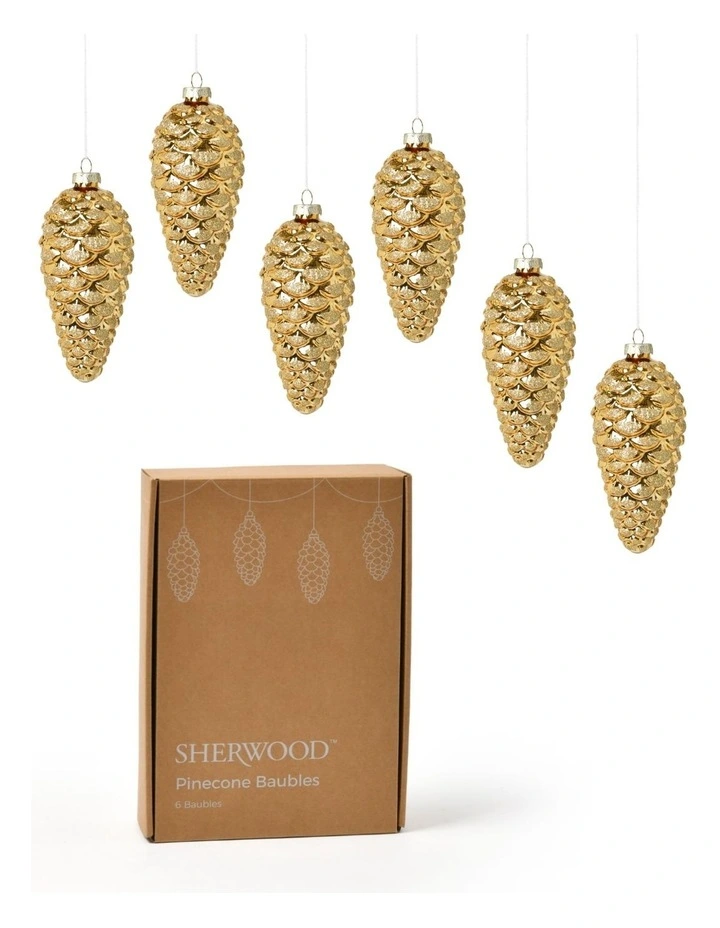 Christmas Pinecone Metallic Glass Baubles 6 Pack in Gold image 2