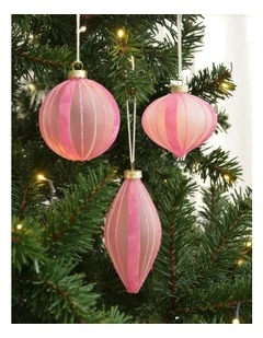 Christmas Glitter Stripe Frosted Glass Mixed Shape Baubles 6 Pack in Blush