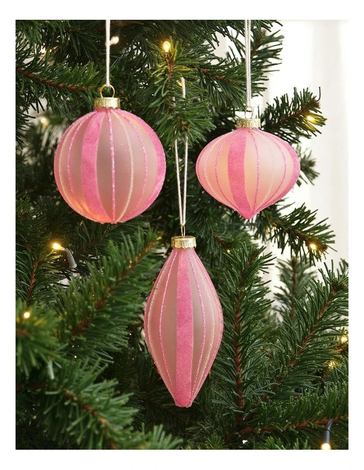 Christmas Glitter Stripe Frosted Glass Mixed Shape Baubles 6 Pack in Blush image 1