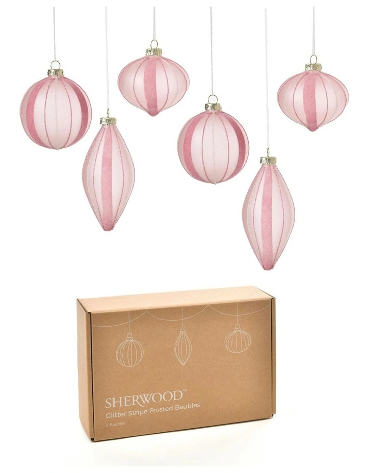 Christmas Glitter Stripe Frosted Glass Mixed Shape Baubles 6 Pack in Blush image 2