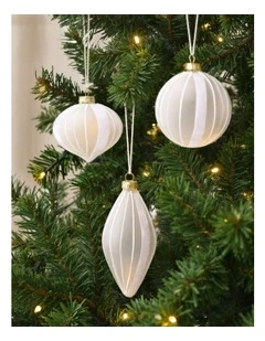 Christmas Glitter Stripe Frosted Glass Mixed Shape Baubles 6 Pack in White
