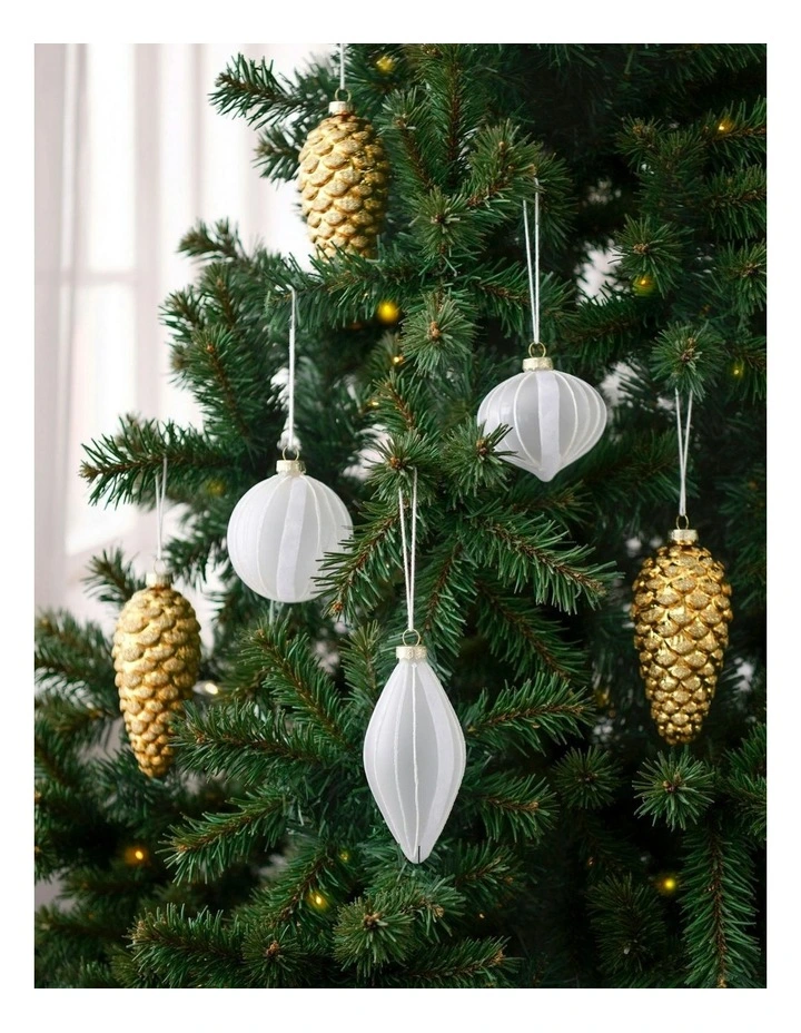 Christmas Glitter Stripe Frosted Glass Mixed Shape Baubles 6 Pack in White image 6