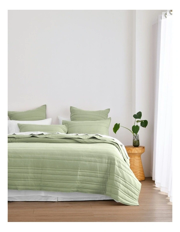 Superfine Washed Microfibre Stripe Quilted Coverlet Set in Sage Green image 1
