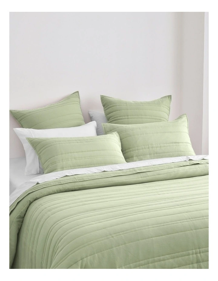 Superfine Washed Microfibre Stripe Quilted Coverlet Set in Sage Green image 2
