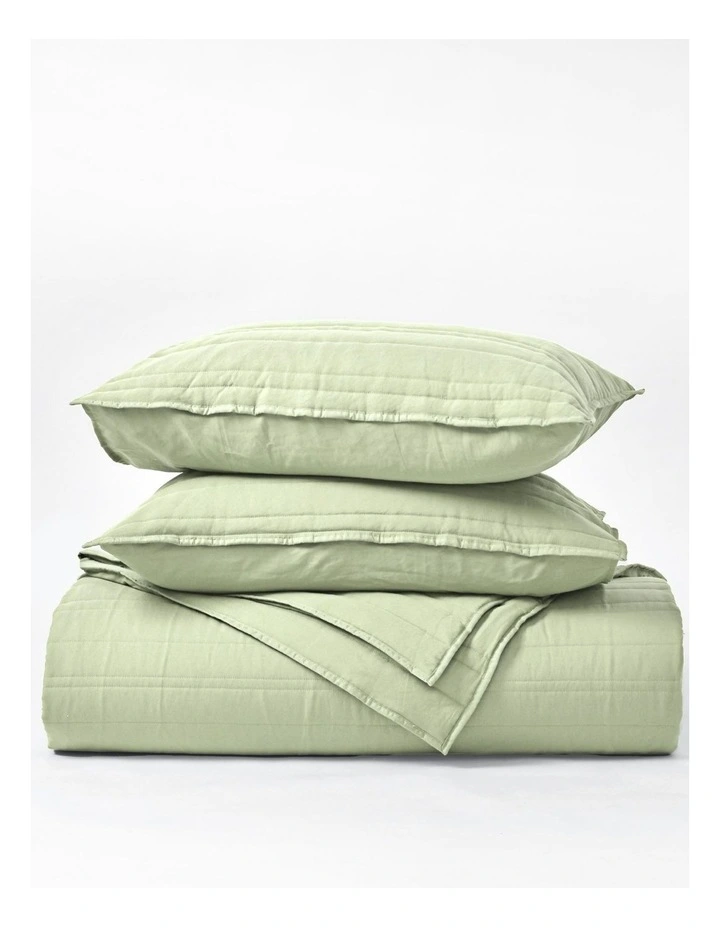 Superfine Washed Microfibre Stripe Quilted Coverlet Set in Sage Green image 4