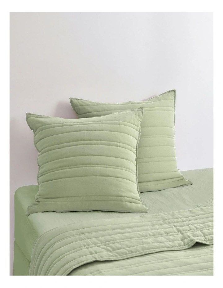 Superfine Washed Microfibre Stripe Quilted European Pillowcase Twin Pack in Sage Green image 1