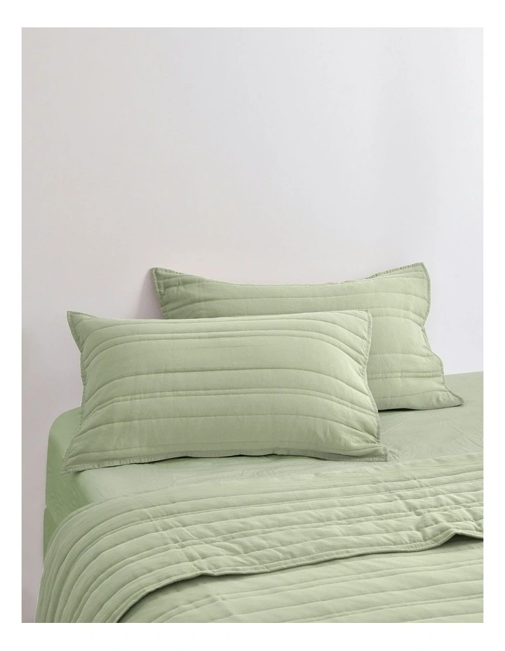 Superfine Washed Microfibre Stripe Quilted Standard Pillowcase Twin Pack in Sage Green image 1