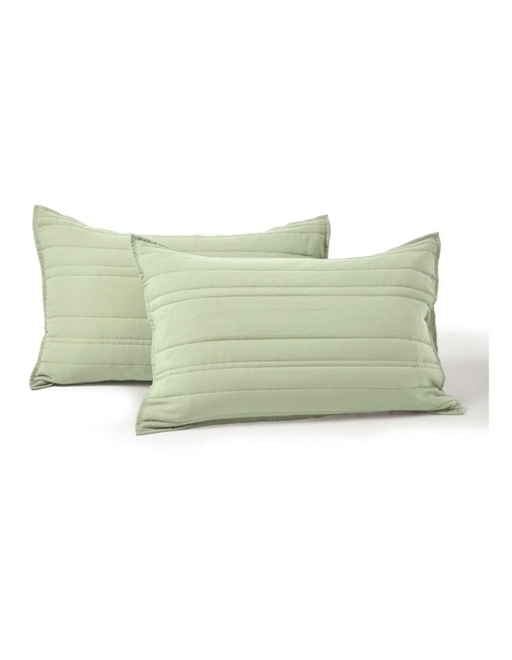 Superfine Washed Microfibre Stripe Quilted Standard Pillowcase Twin Pack in Sage Green image 3