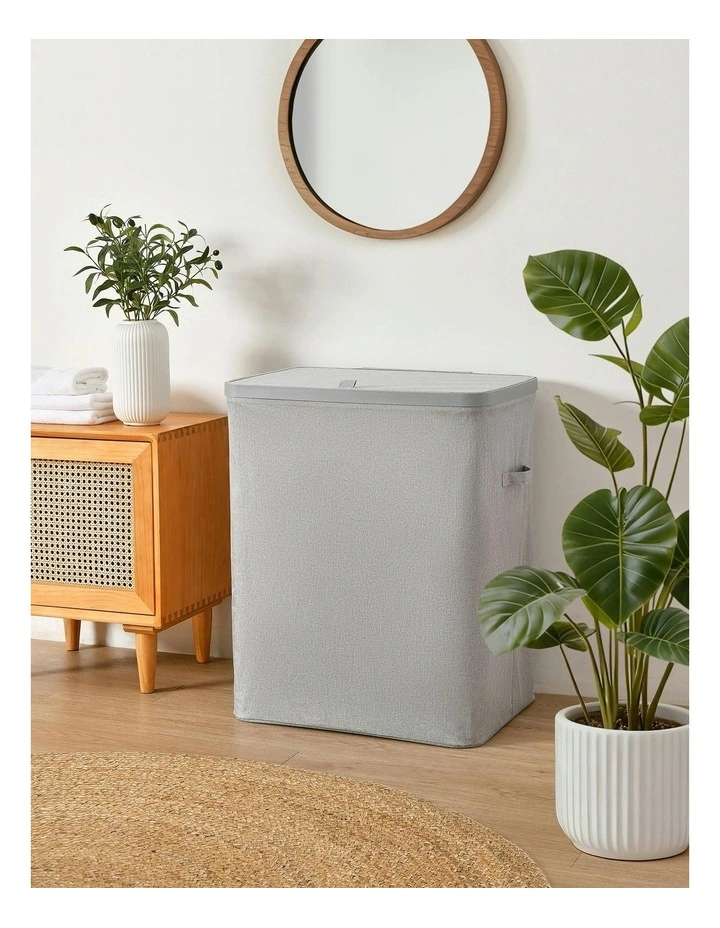 Voyager 2-Section Faux Linen Laundry Hamper 56x40x67cm in Grey image 1