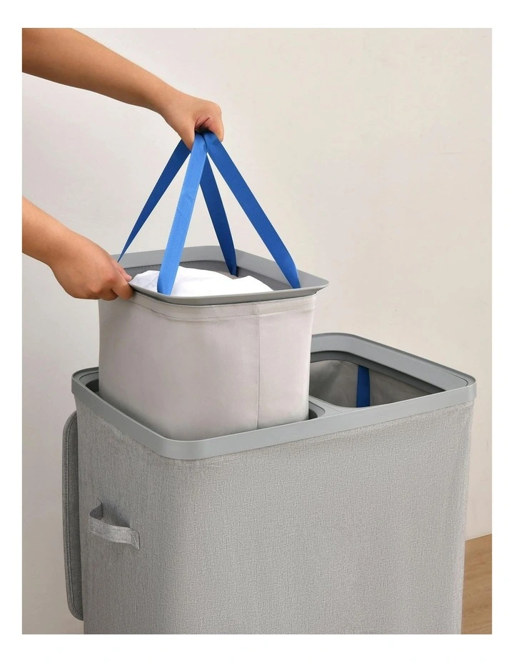 Voyager 2-Section Faux Linen Laundry Hamper 56x40x67cm in Grey image 2