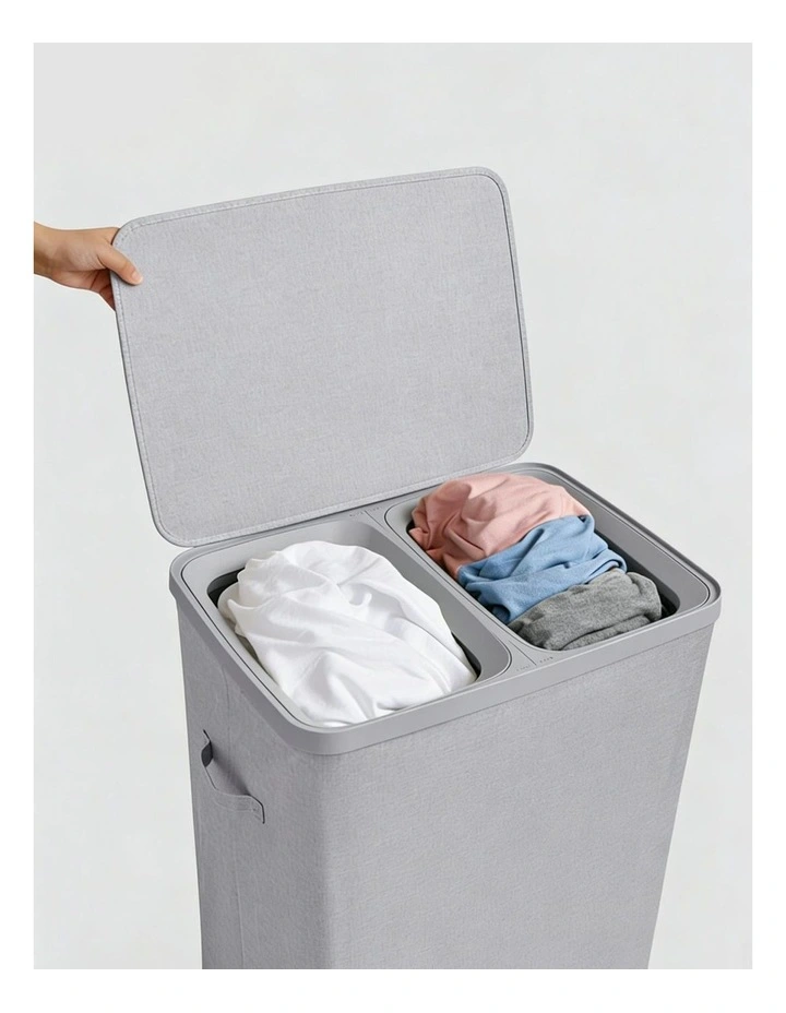 Voyager 2-Section Faux Linen Laundry Hamper 56x40x67cm in Grey image 5