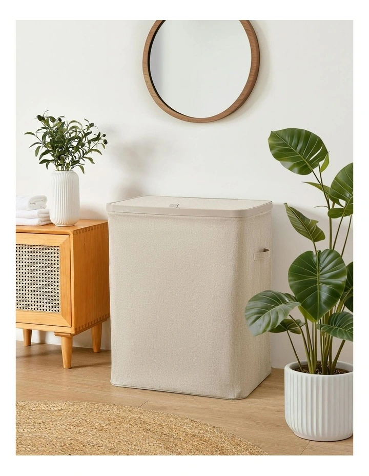 Voyager 2-Section Faux Linen Laundry Hamper 56x40x67cm in Natural image 1
