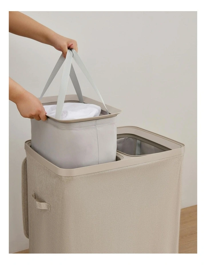 Voyager 2-Section Faux Linen Laundry Hamper 56x40x67cm in Natural image 2