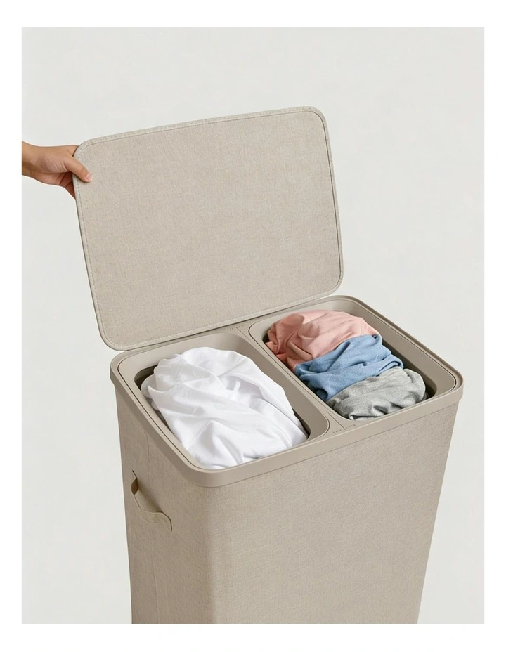 Voyager 2-Section Faux Linen Laundry Hamper 56x40x67cm in Natural image 5